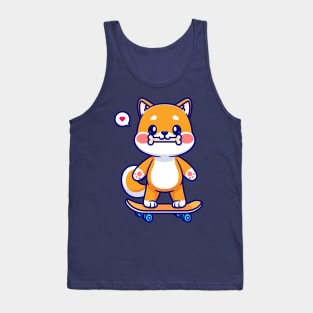 Cute Shiba Inu Bite Bone On Skateboard Cartoon Tank Top